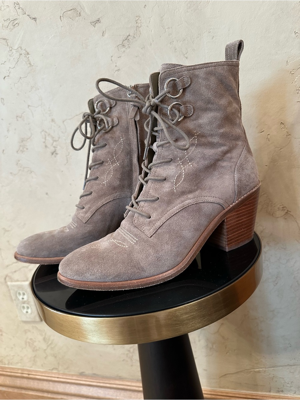 Diane Von Furstenberg Taupe Suede Lace-Up Ankle Boots